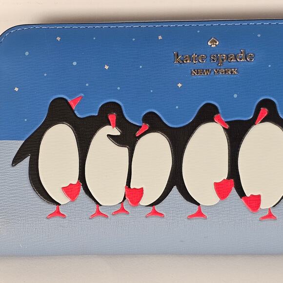 Kate Spade Arctic Friends Continental Wallet Penguin Blue Zip Around Blue Clutch - Picture 5 of 16